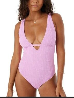 ROXY Juniors/Women's Bubble Lilac Pink Ribbed Keyhole One-Piece Swimsuit